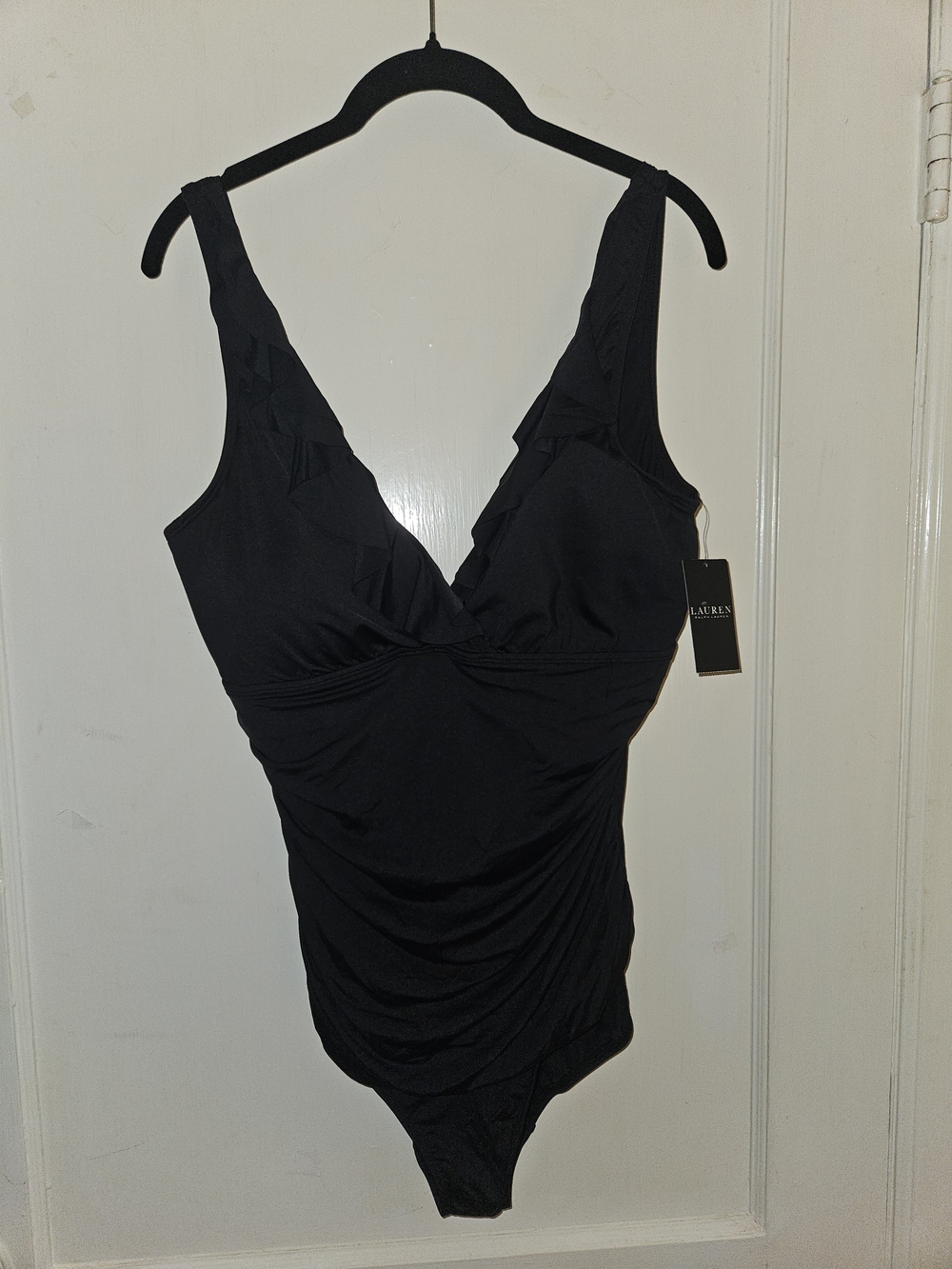 NWT- Ralph Lauren Black One-Piece Swimsuit with V-Neck and Ruching